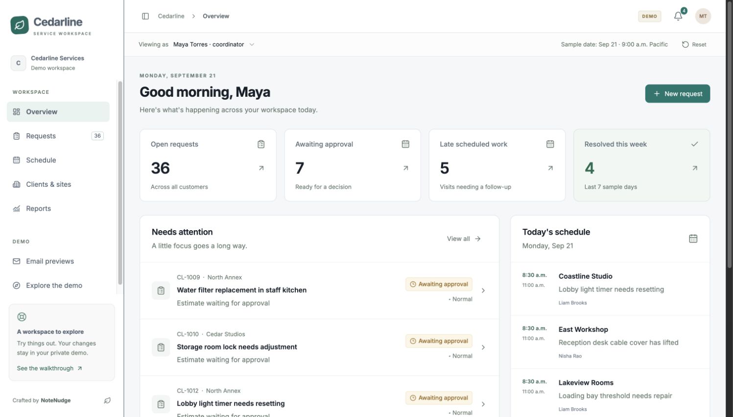 Cedarline coordinator dashboard with open requests, pending approvals and the day's schedule