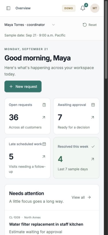 The same Cedarline workspace on a phone with request status cards and approvals